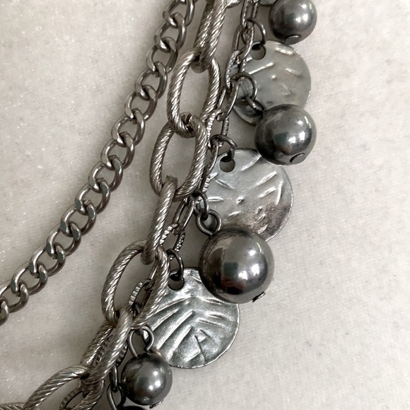 Silver Rocker Rebel Edgy Layered Bead Discs Coins Textured Chain Necklace - Picture 13 of 16